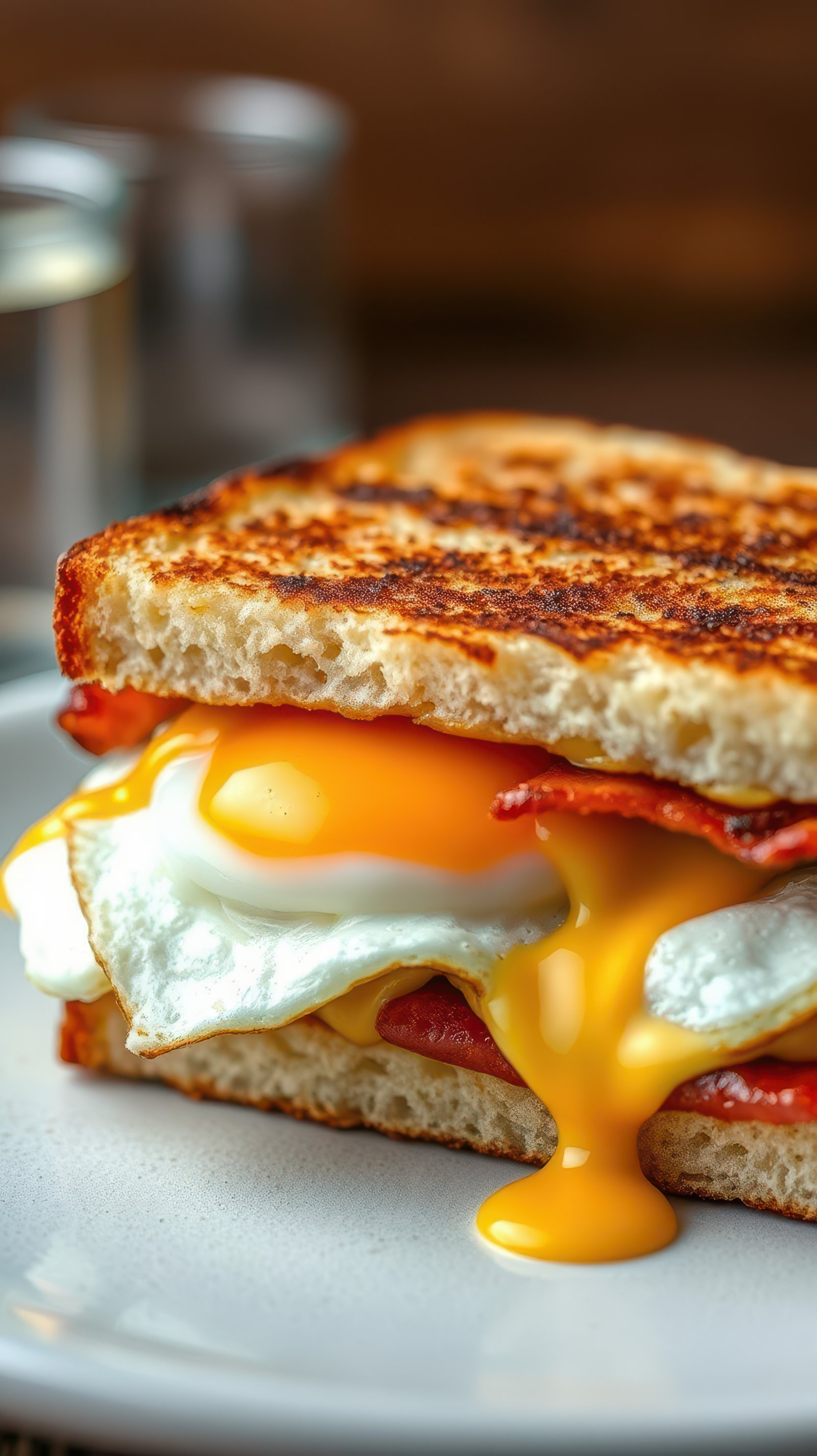 Delicious breakfast sandwich with crispy bacon and a perfectly cooked egg yolk served on toasted bread